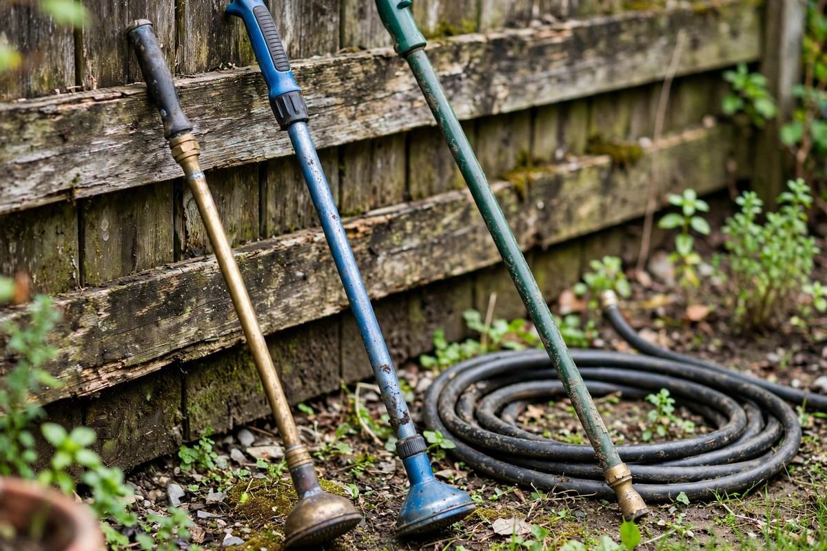 Three watering wands of different lengths leaning against a weathered wooden fence in a backyard