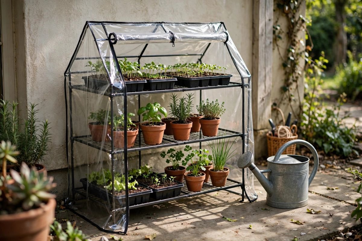 Tiered shelf mini greenhouse on a small patio with seed trays and herb pots on each level and morning light through the clear cover
