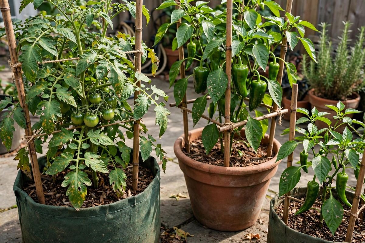 Tomato and pepper plants growing in large containers on a sunny patio with sturdy stakes and green foliage