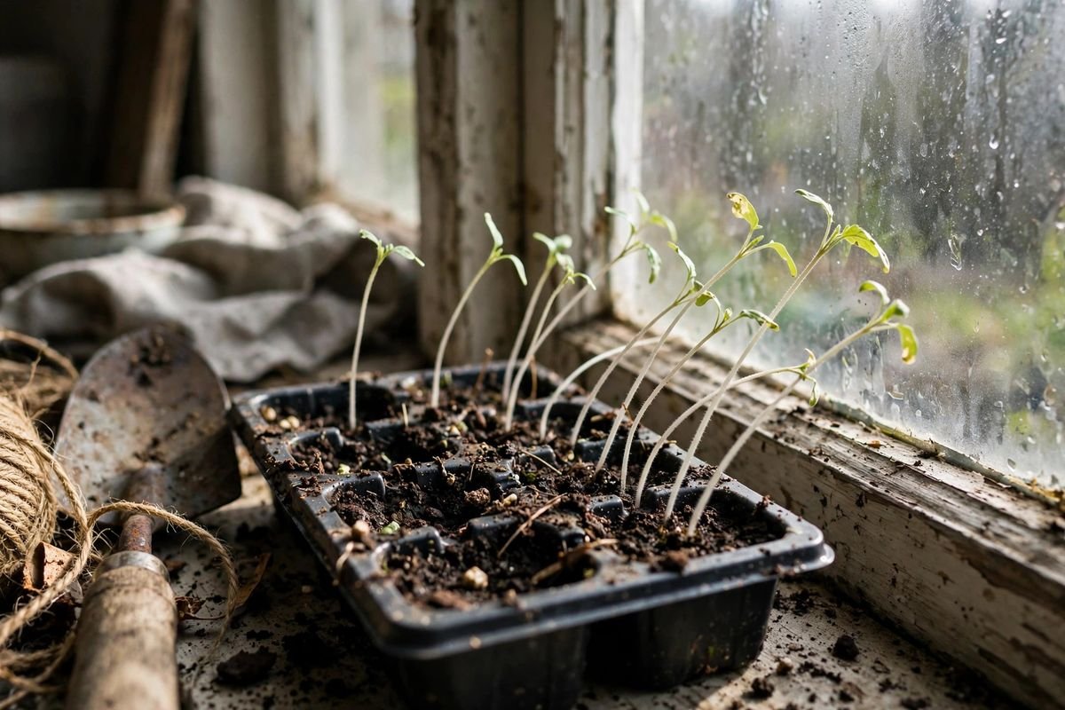 Tomato seedlings on a windowsill leaning toward window light with thin pale stems