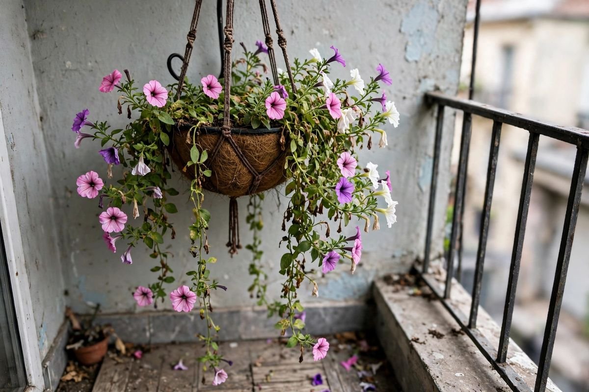 Trailing petunias spilling from a hanging planter on a small balcony, with green leaves and open flowers