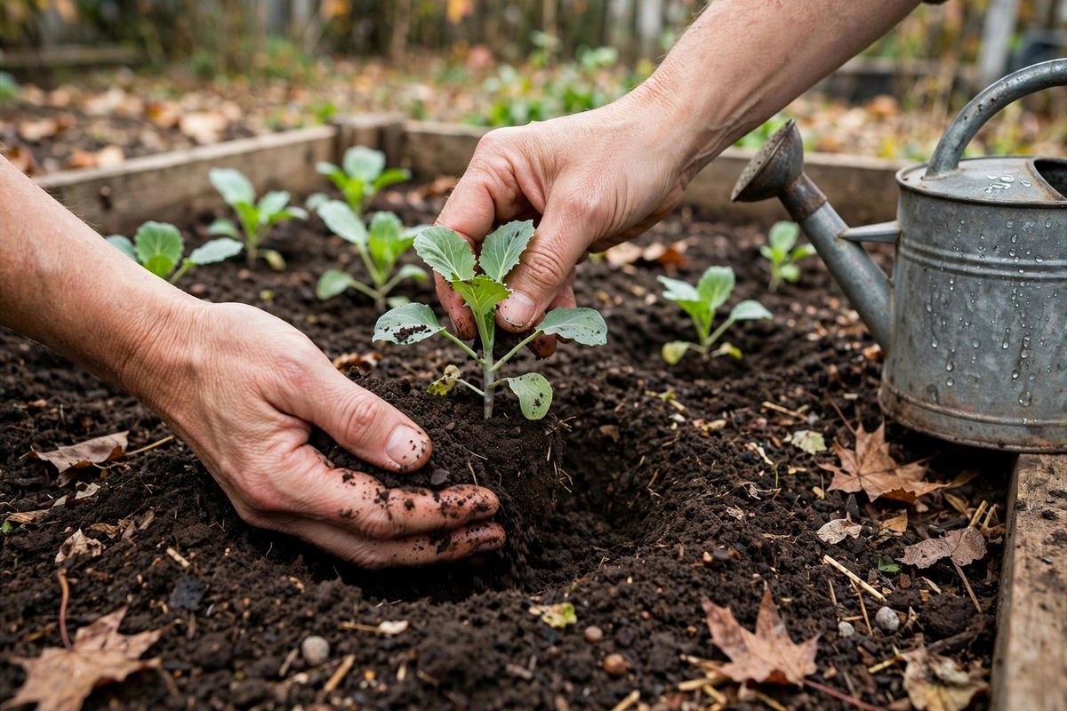 Transplanting cabbage seedlings into a prepared fall garden bed
