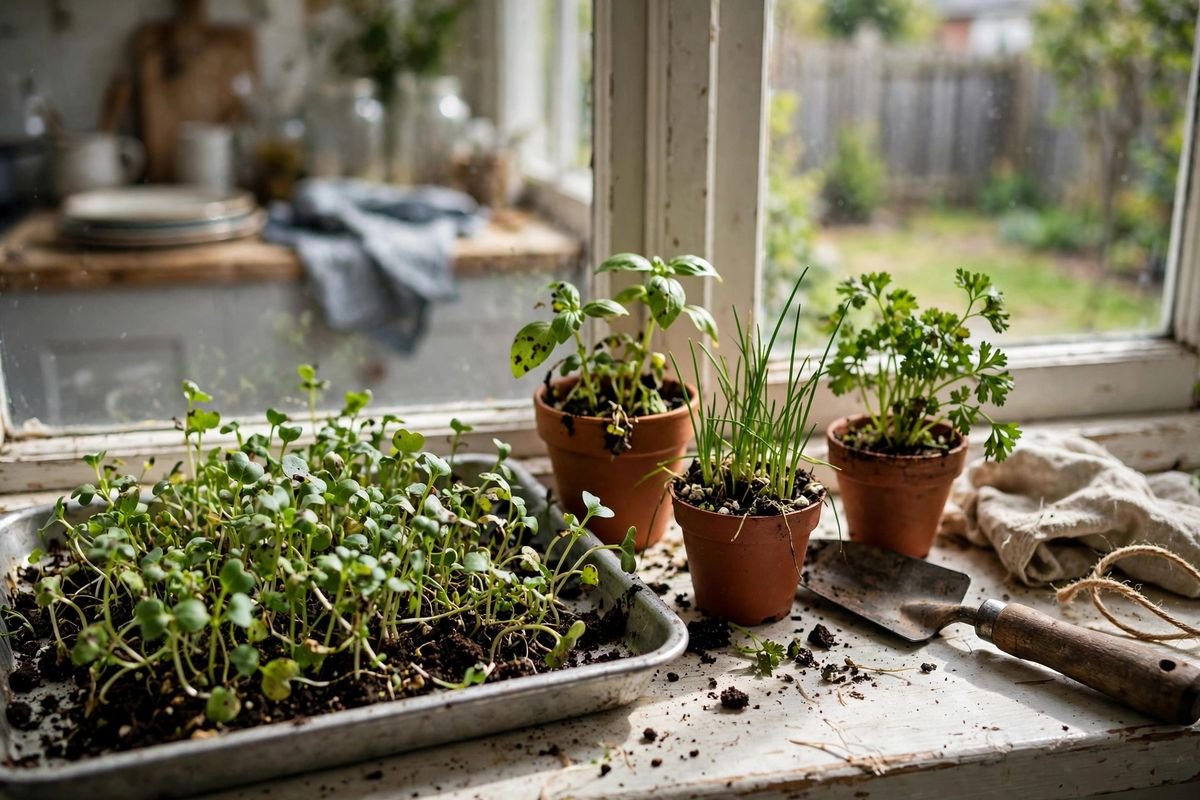 Tray of microgreens and small herb pots on a bright indoor windowsill