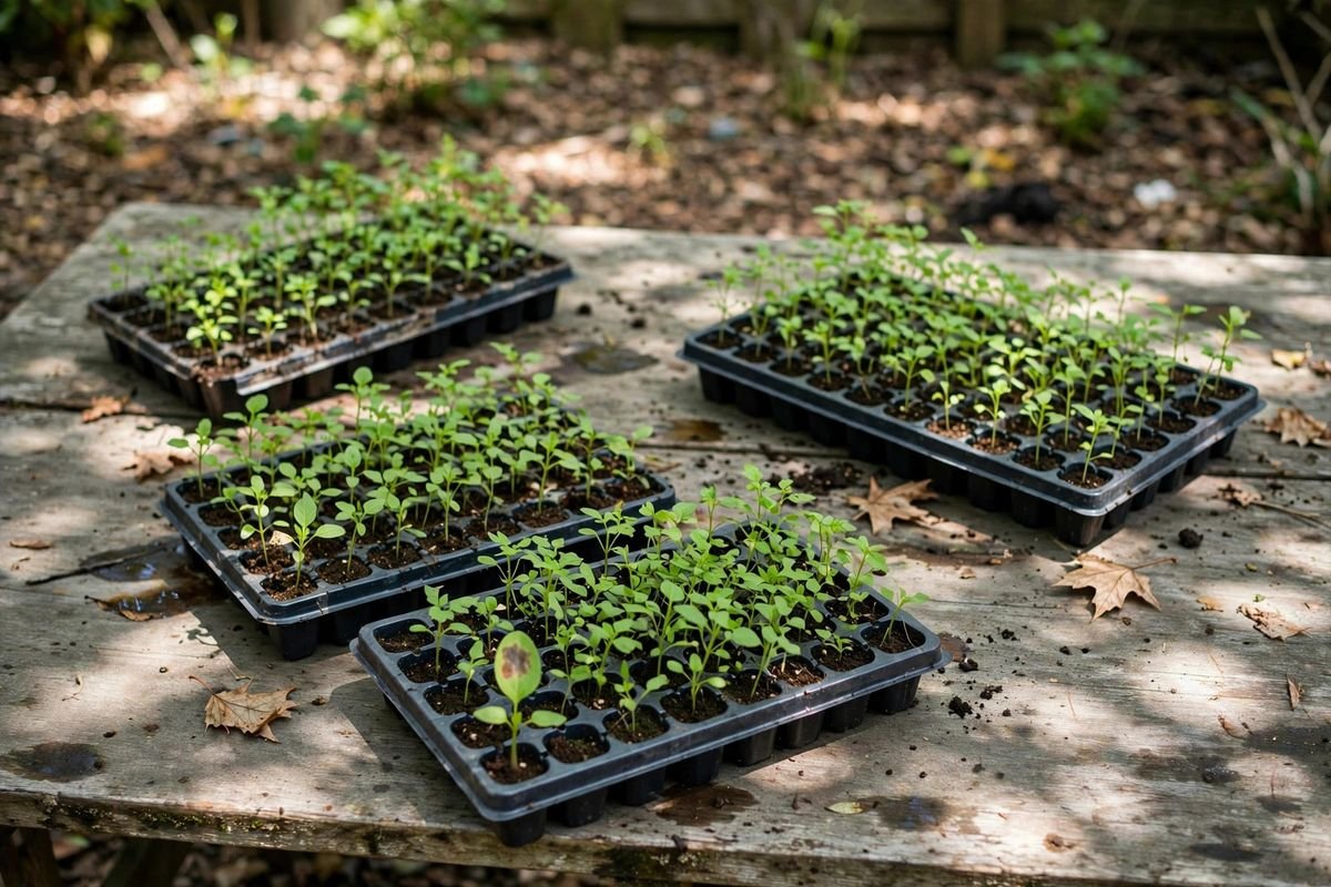 Trays of seedlings hardening off on a weathered patio table in dappled shade, with a mulched garden bed behind them and one leaf showing a small blemish