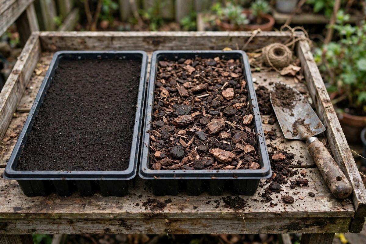 Two 1020 seedling trays side by side on a wooden potting bench, one filled with fine dark seed-starting mix, one with chunky potting soil showing bark pieces, a hand trowel with soil residue beside them, spilled crumbs on the bench