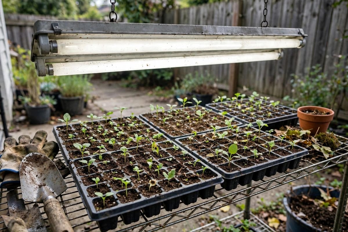 Two fluorescent tubes in a simple metal shop light fixture hanging over seed trays with small green seedlings on a wire shelf