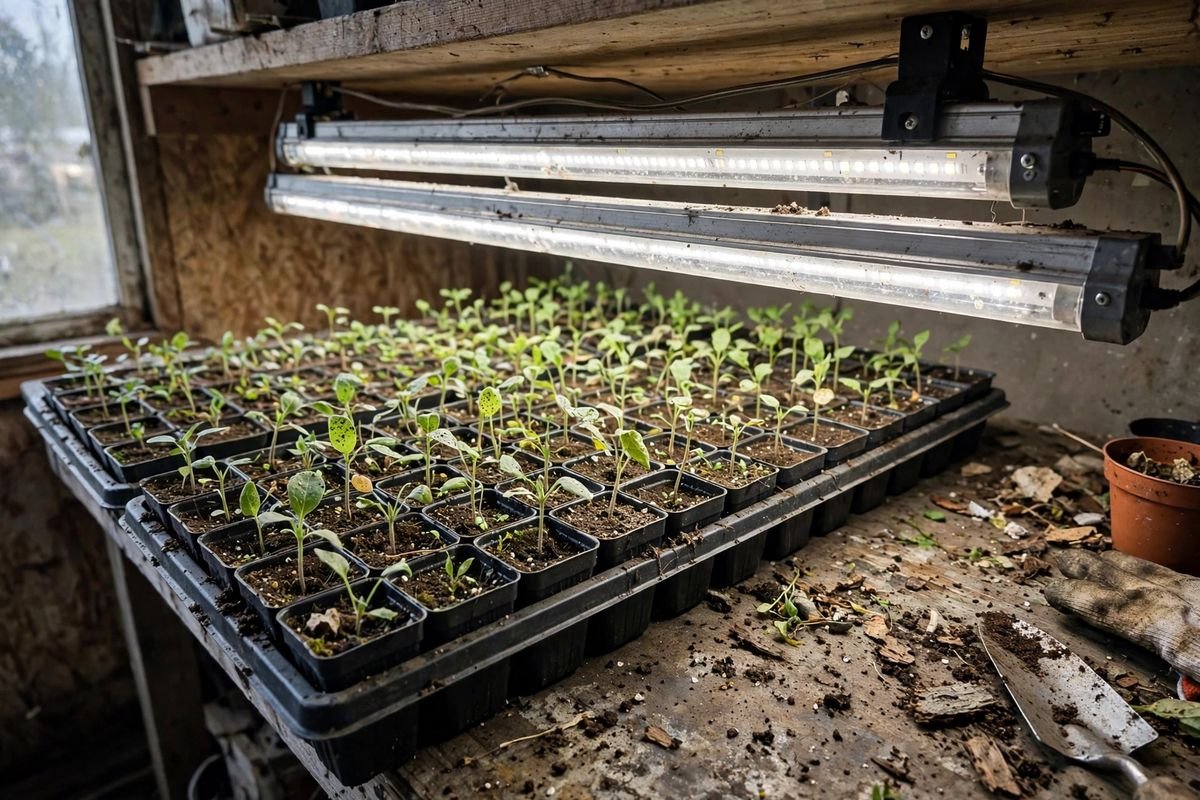 Two long tube fixtures mounted side by side under a shelf above a full seedling tray, with a weathered workbench nearby