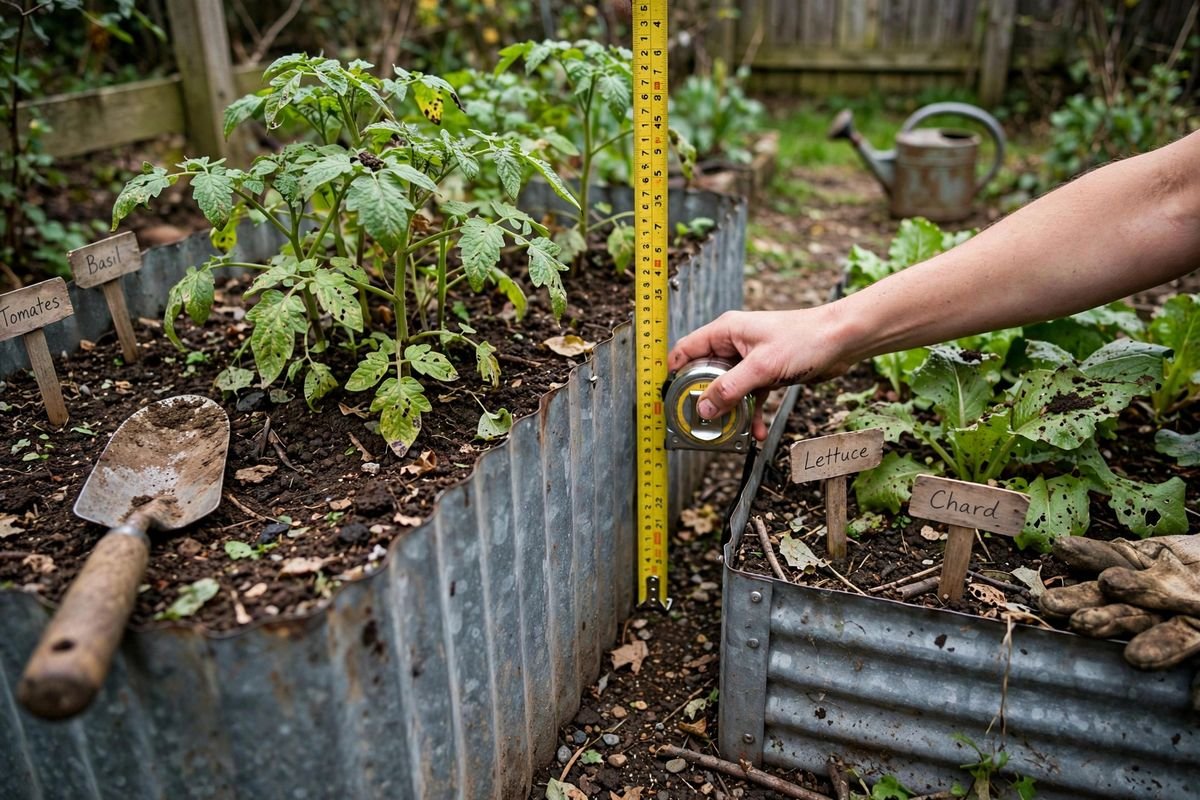 Two metal raised beds of different heights side by side with a tape measure against the taller one
