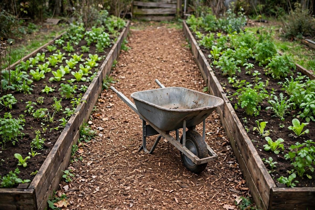 Two narrow raised beds with a wide mulched path between them, a wheelbarrow on the path