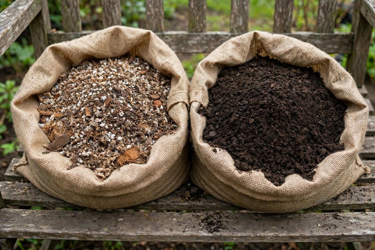 Two open bags side by side, the left holding fluffy light potting mix and the right holding dense dark garden soil