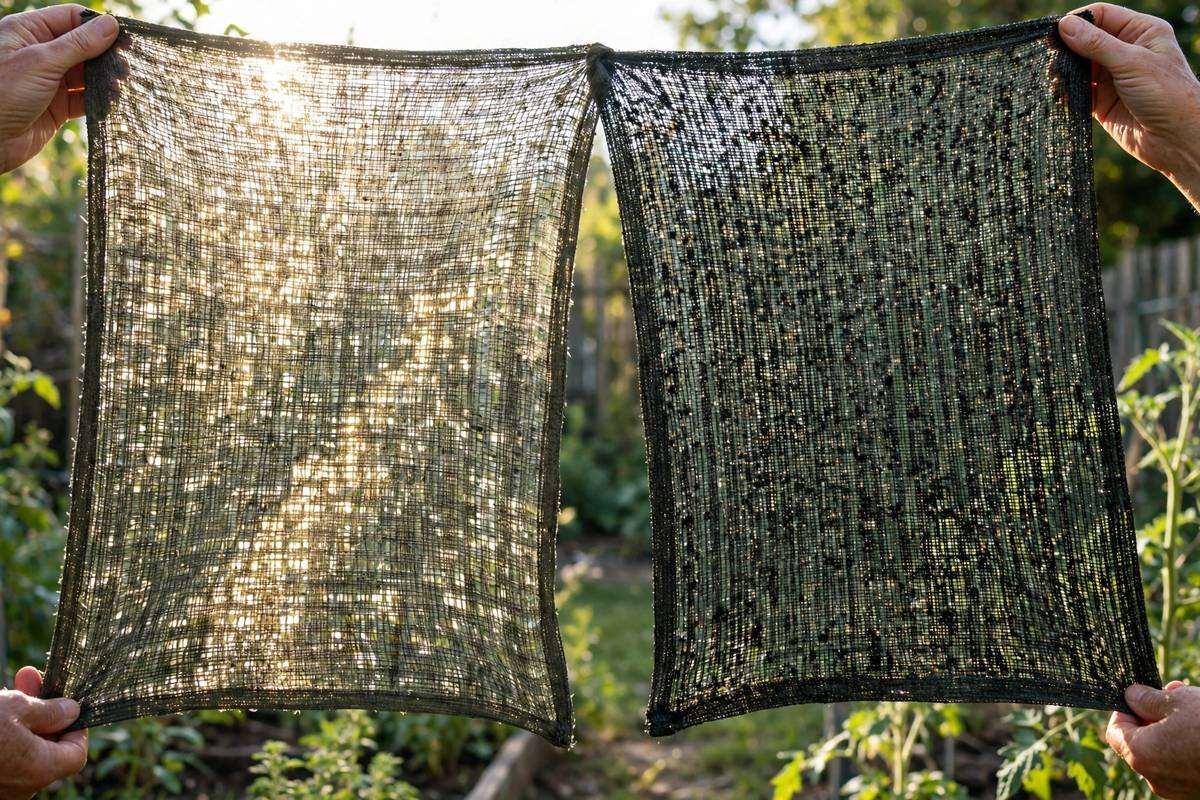 Two pieces of shade cloth with different weave densities held up to bright daylight