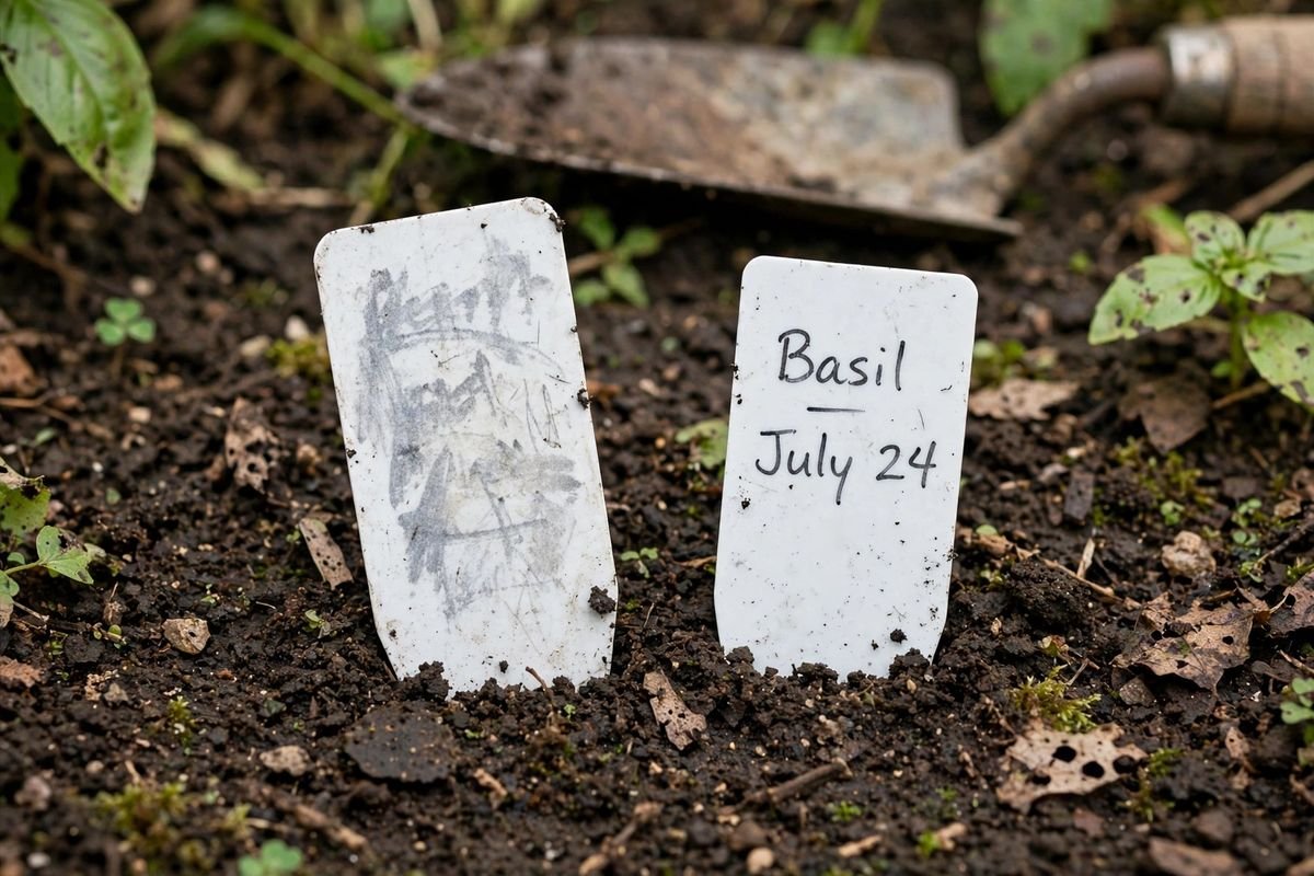 Two plant labels side by side on soil, one faded and blank-looking and one still clearly handwritten