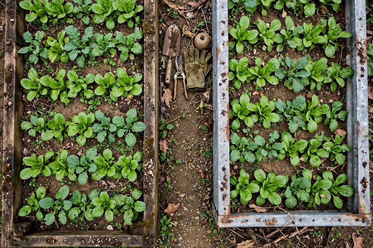Two raised beds side by side from above, one wood and one metal, planted in matching rows