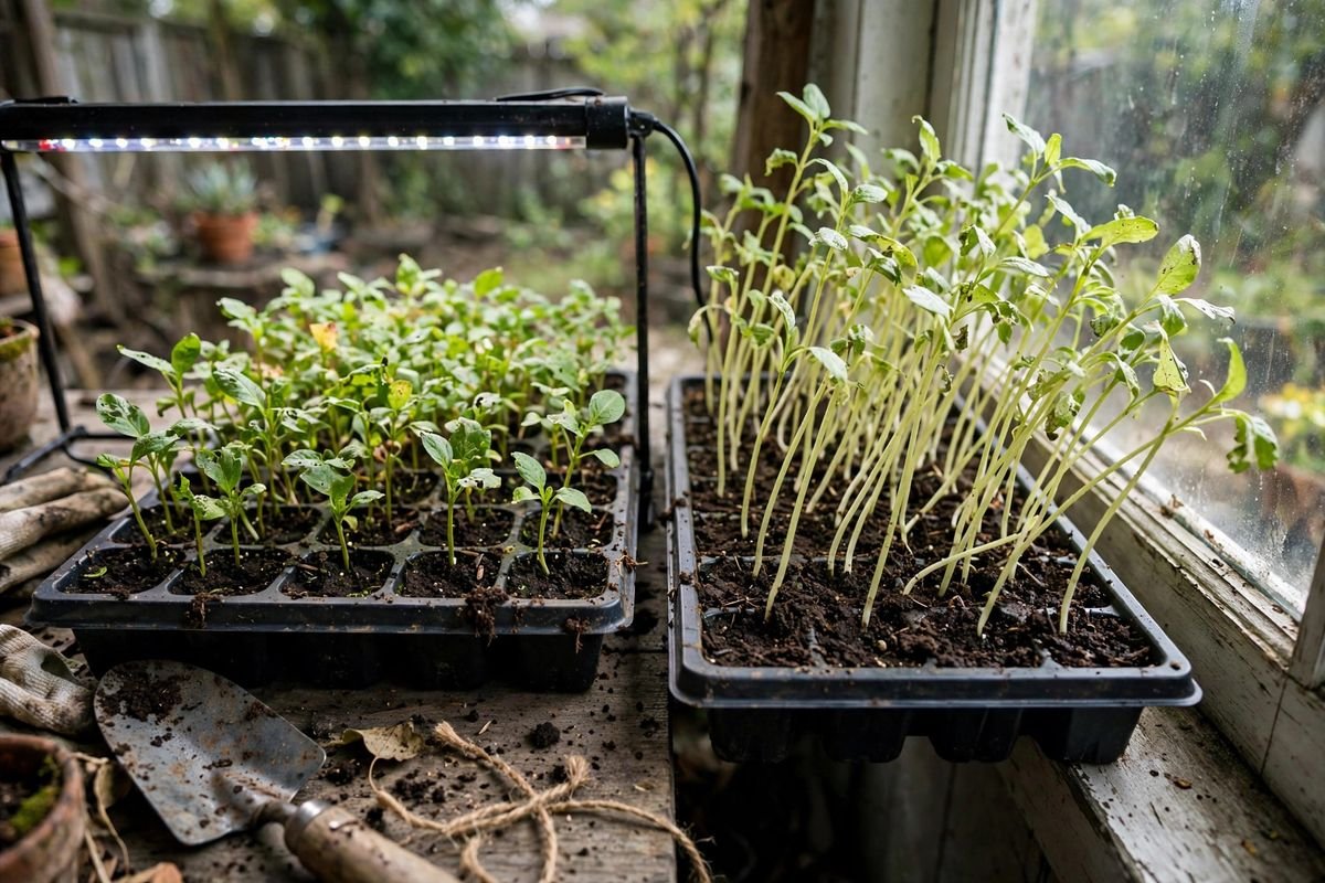 Two seed trays side by side in even light, the left under an LED bar with short stocky seedlings and the right on a windowsill with taller paler seedlings leaning toward the glass