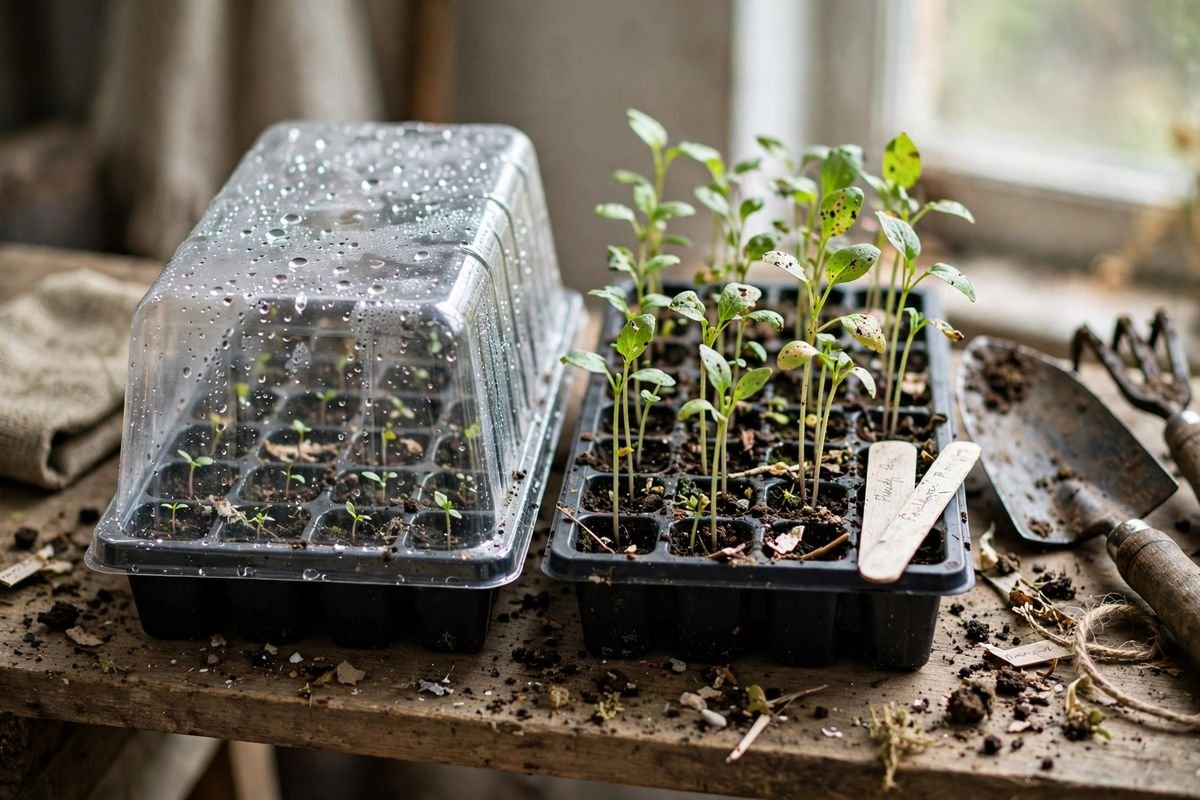 Two seed trays side by side on a shelf, one with a domed lid and one without, seedlings at different heights