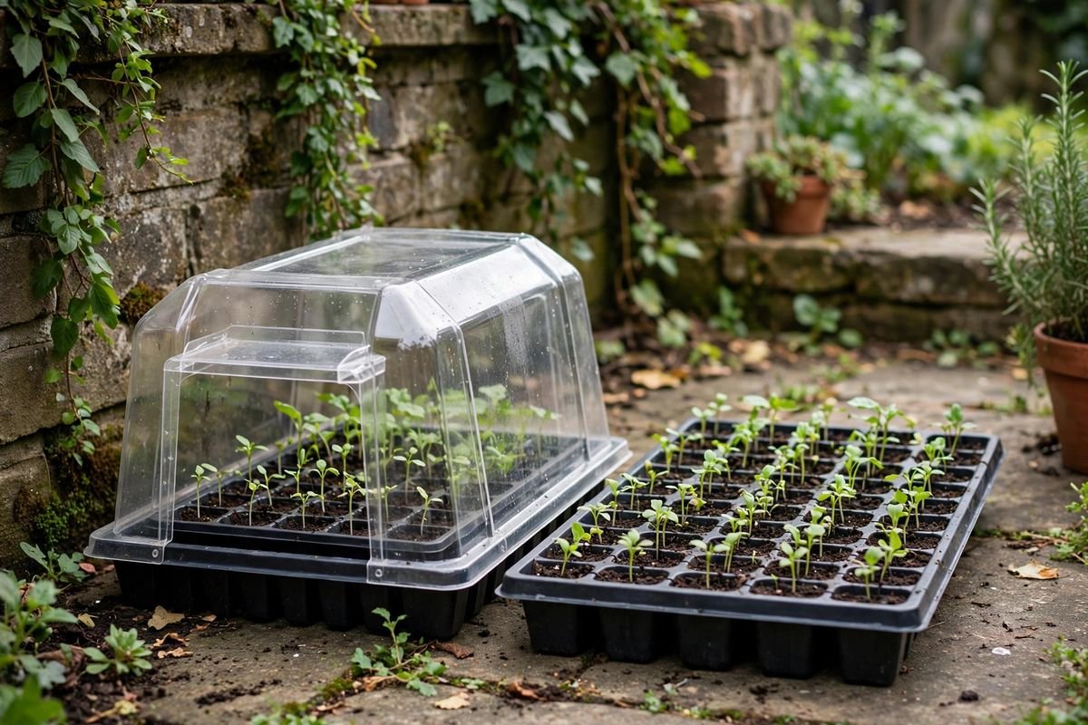 Two seedling flats side by side on a patio, one under a small clear shelf cover and one inside a low cold frame in morning light