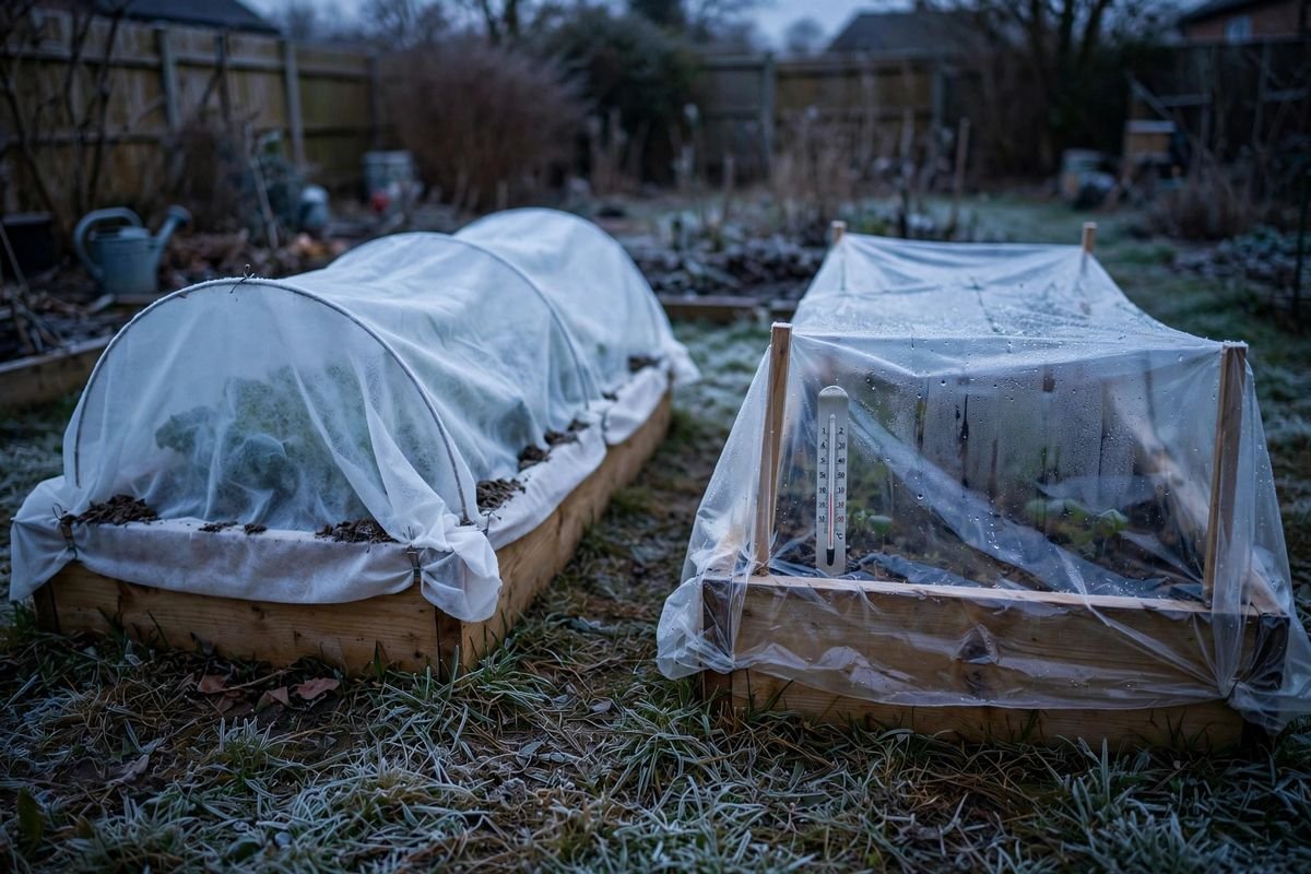 Two small raised beds side by side at dusk, one under white frost cloth on hoops and one under clear plastic, thermometer resting on soil