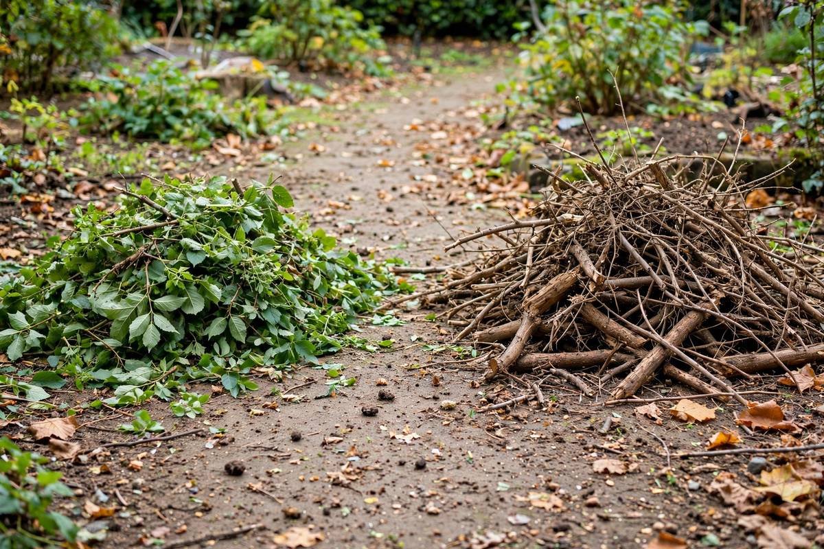 Two sorted piles on a garden path, green pruned clippings on the left and dry dead wood on the right