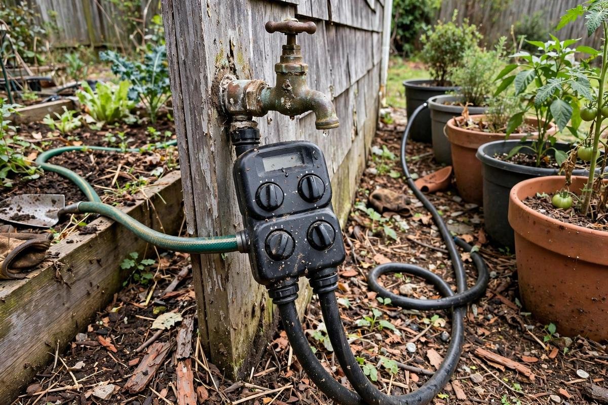 Two-zone hose timer on a faucet with hoses running toward a raised bed and container pots