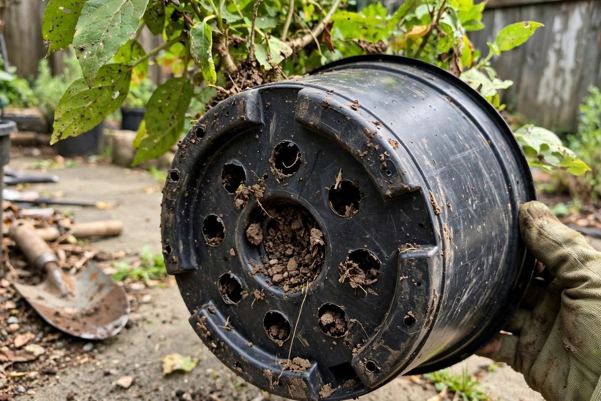 Underside of a black plastic nursery pot showing multiple round drainage holes