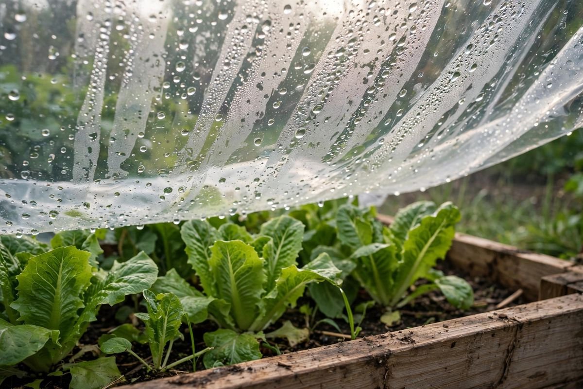 Underside of clear plastic cover beaded with condensation droplets above lettuce leaves, morning light through the sheeting