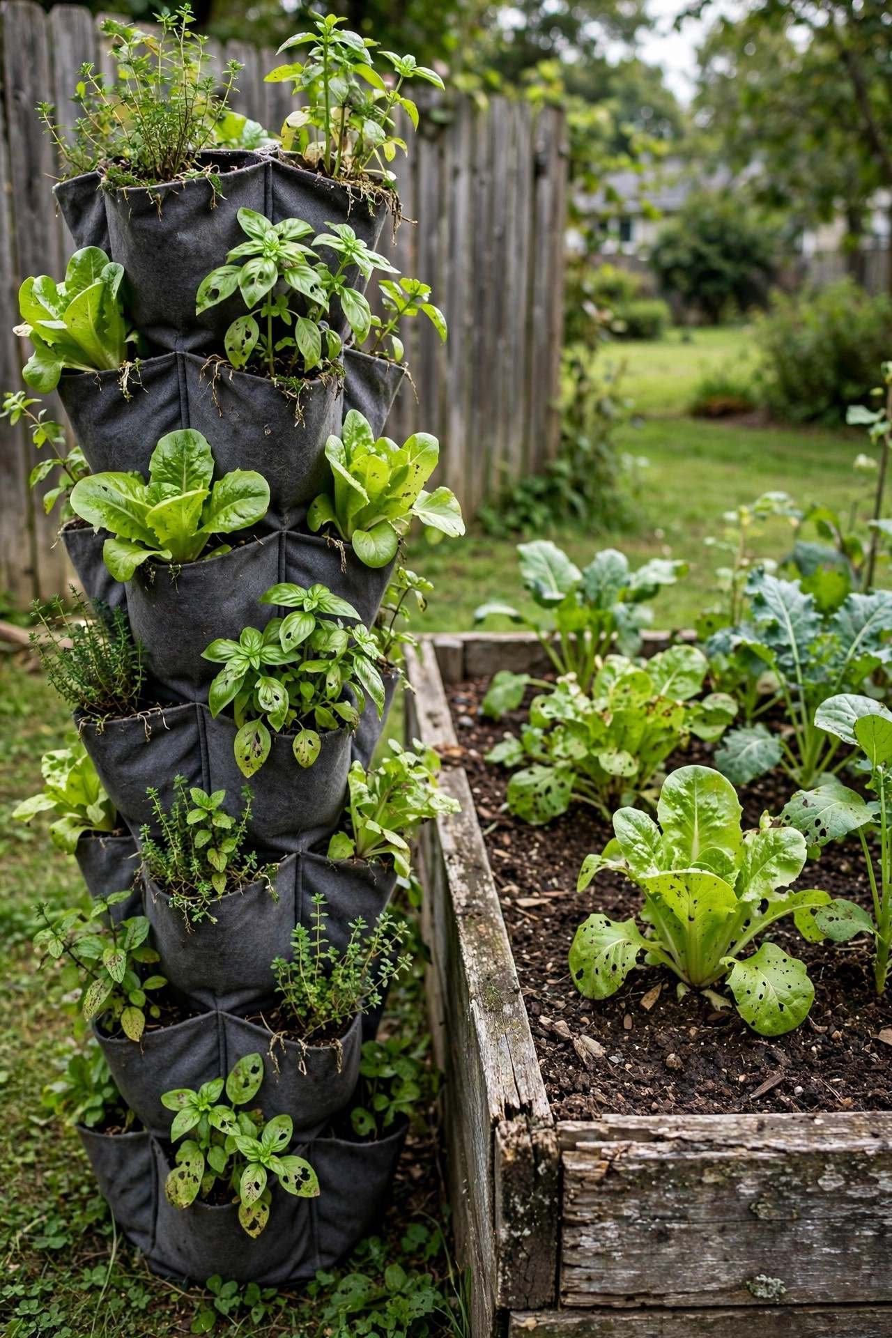 A vertical planter tower beside a wooden raised bed in a small backyard in natural daylight
