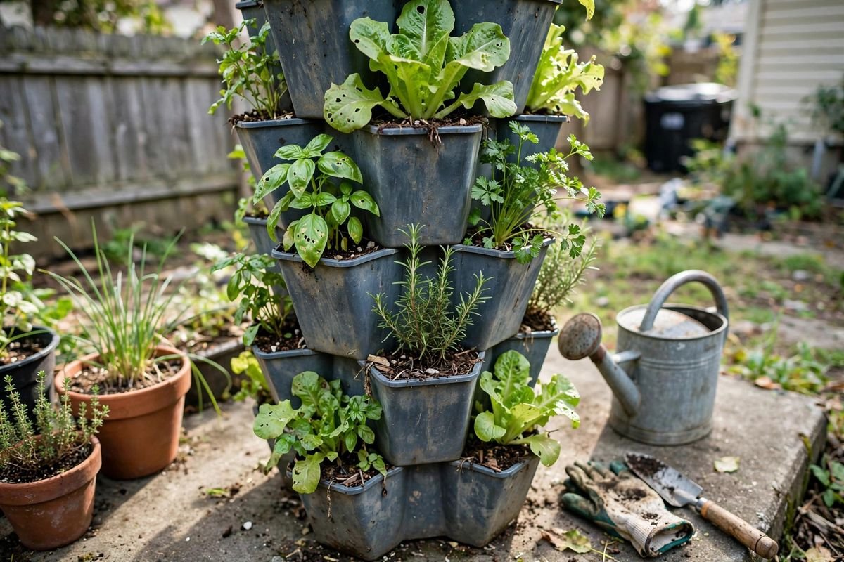 Vertical stacked planter with herbs and lettuce making use of small patio space