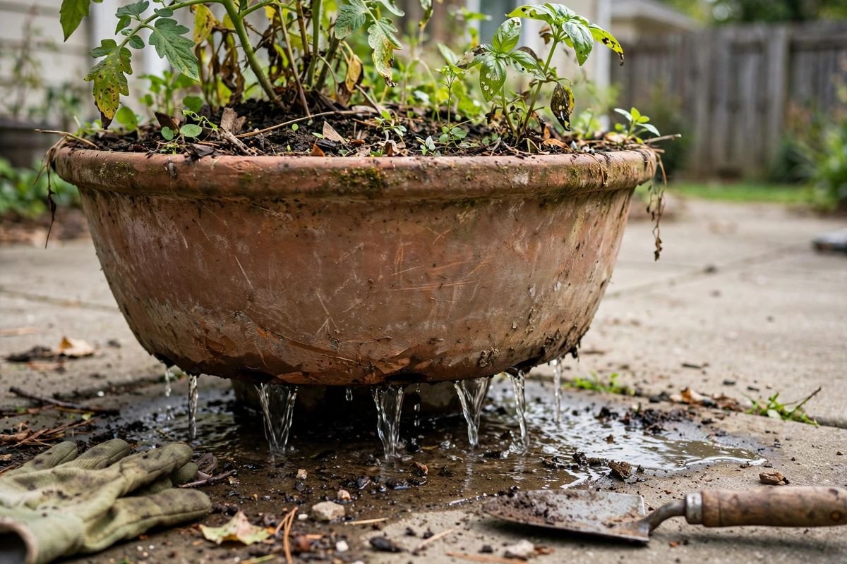 Water draining from the bottom holes of a large container onto a patio