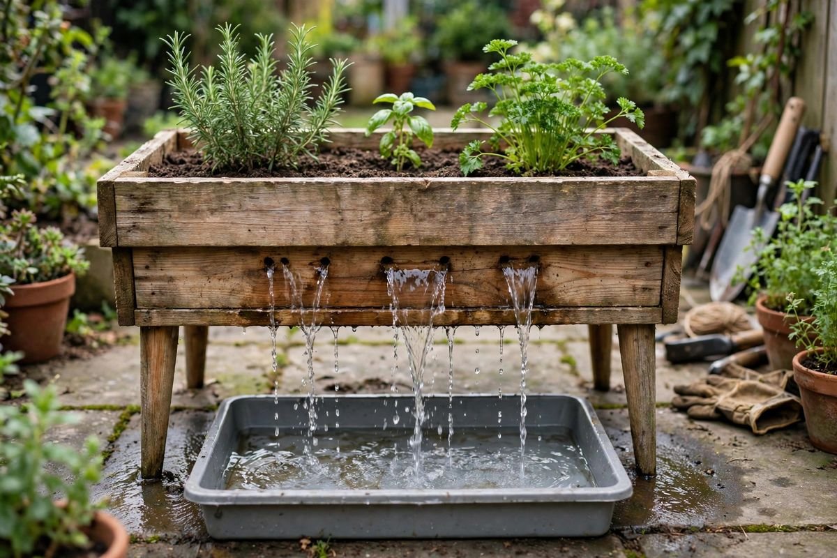 Water draining from holes in the bottom of a raised bed on legs into a tray on a patio
