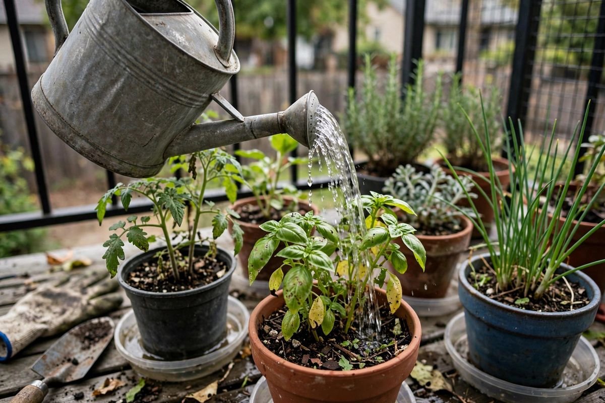Watering can watering balcony container plants with saucers underneath