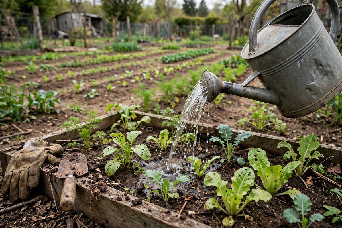 Watering can watering a raised bed while a hose waters in-ground rows behind it