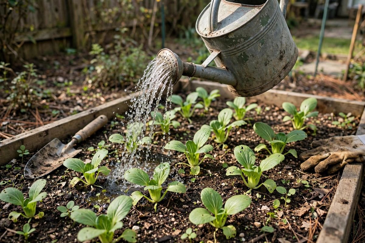 Watering can watering young bok choy seedlings in a garden bed in morning light