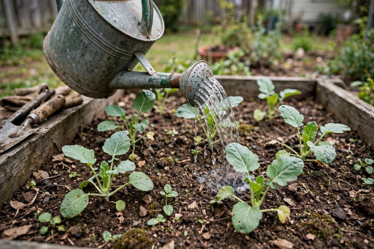 Watering can watering young kohlrabi plants at soil level in a raised bed