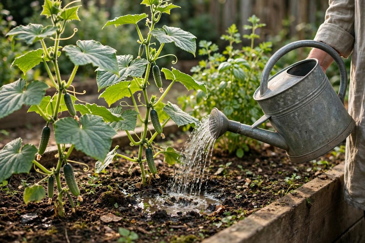 Watering cucumber plants at the base with a watering can in morning light