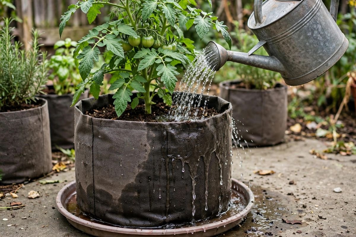 Watering a fabric grow bag as moisture seeps through the sides into a saucer