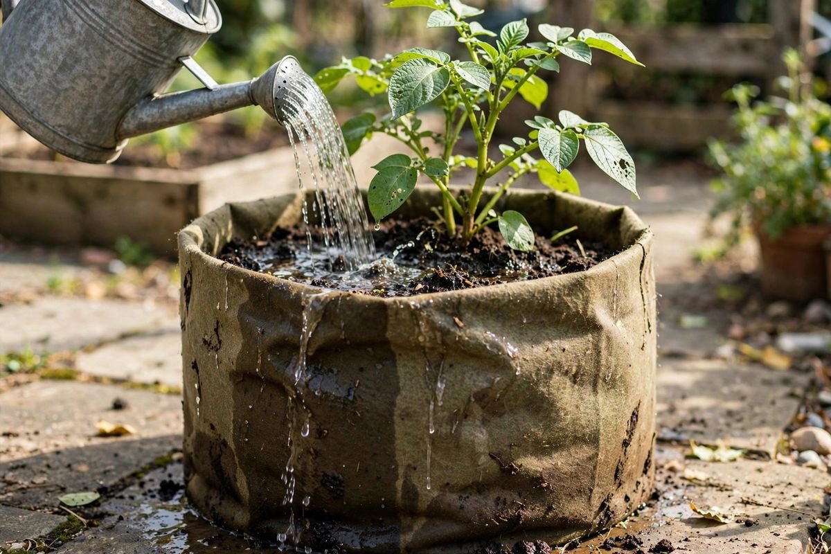 Watering a fabric grow bag planting on a patio as water soaks in