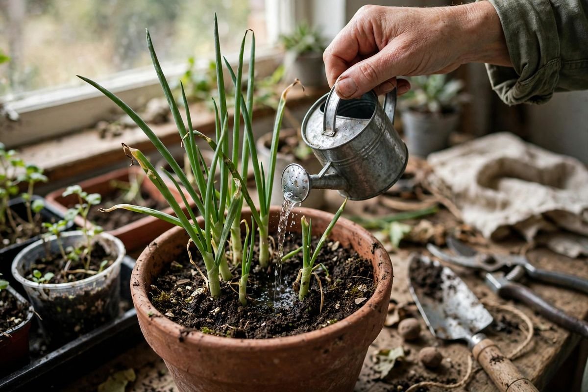 Watering a pot of green onions at the soil line with a small watering can