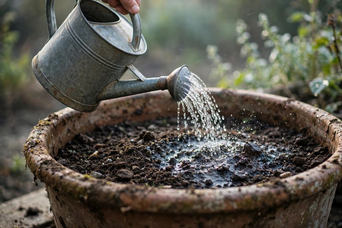 Watering the soil surface of a large pot early in the morning with a watering can