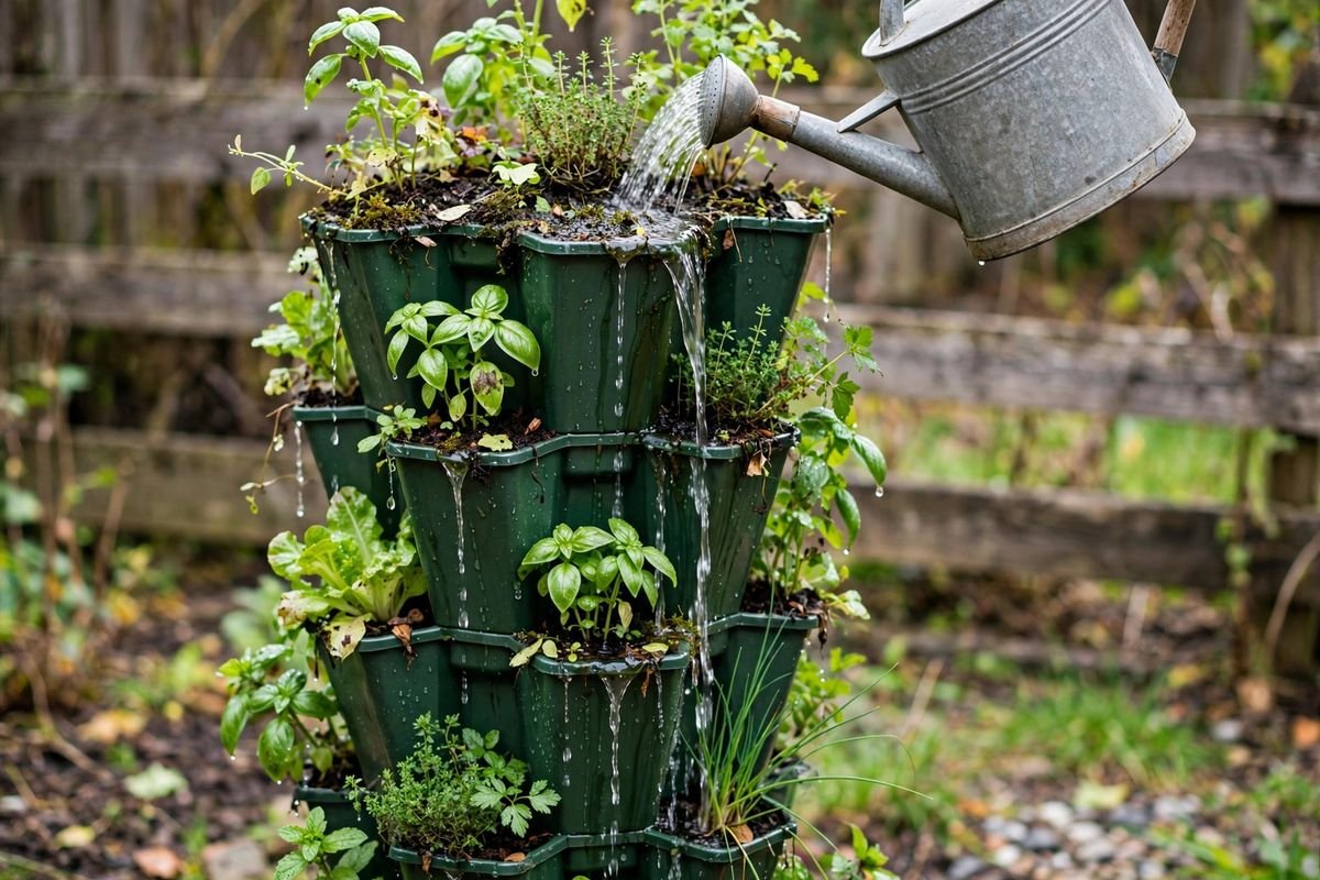 Watering the top tier of a vertical planter while lower pockets receive runoff