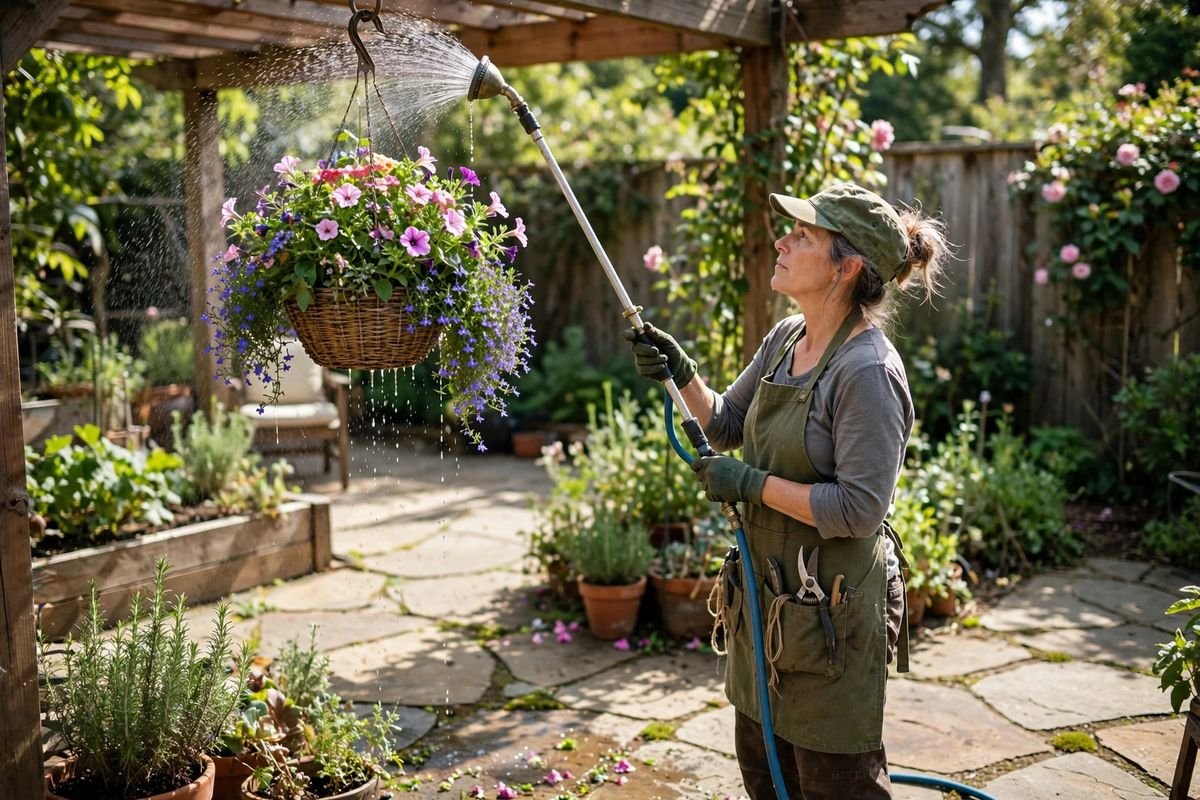 A watering wand reaching up to water a hanging basket on a sunny patio