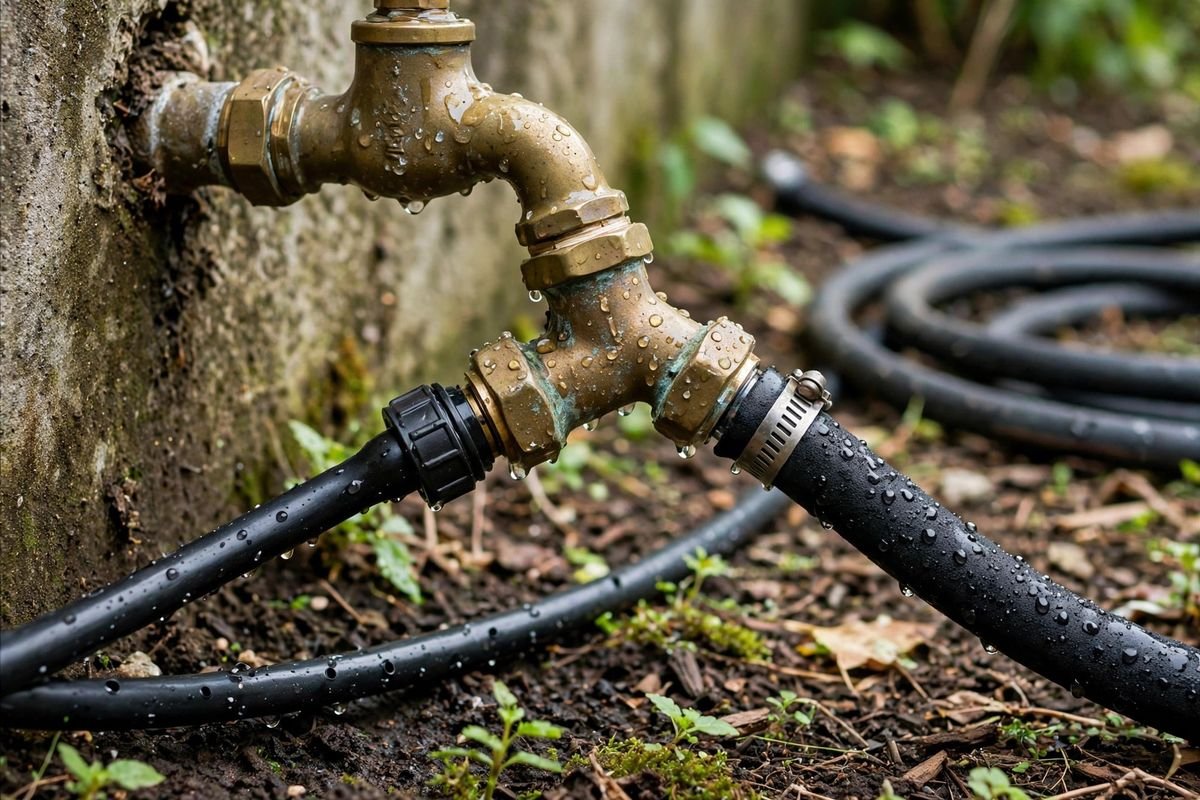 Weathered brass faucet fittings splitting water flow toward a drip mainline and a soaker hose