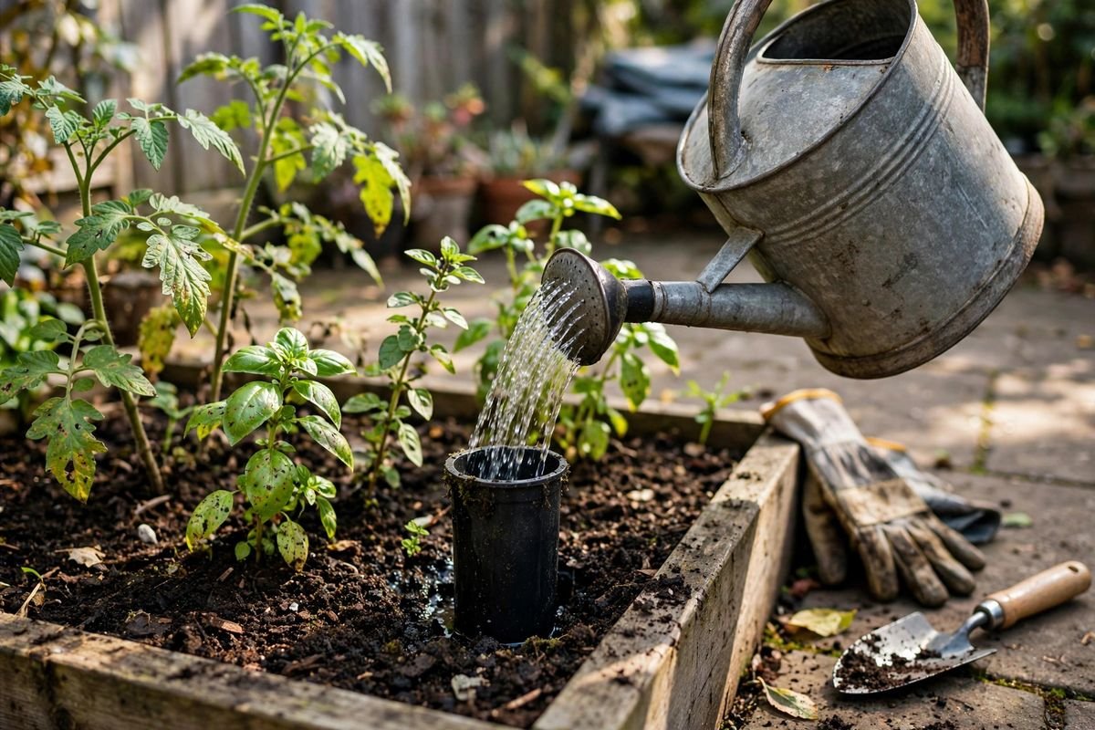 Weathered metal watering can pouring water into a black fill tube set in dark soil among tomato and basil seedlings on a sunny patio