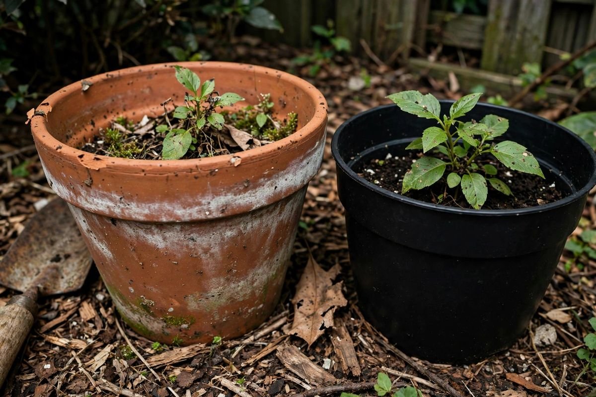 Weathered terracotta pot with small chips on the rim and a white mineral band beside a newer black plastic pot with a young pepper plant in a mulched garden corner
