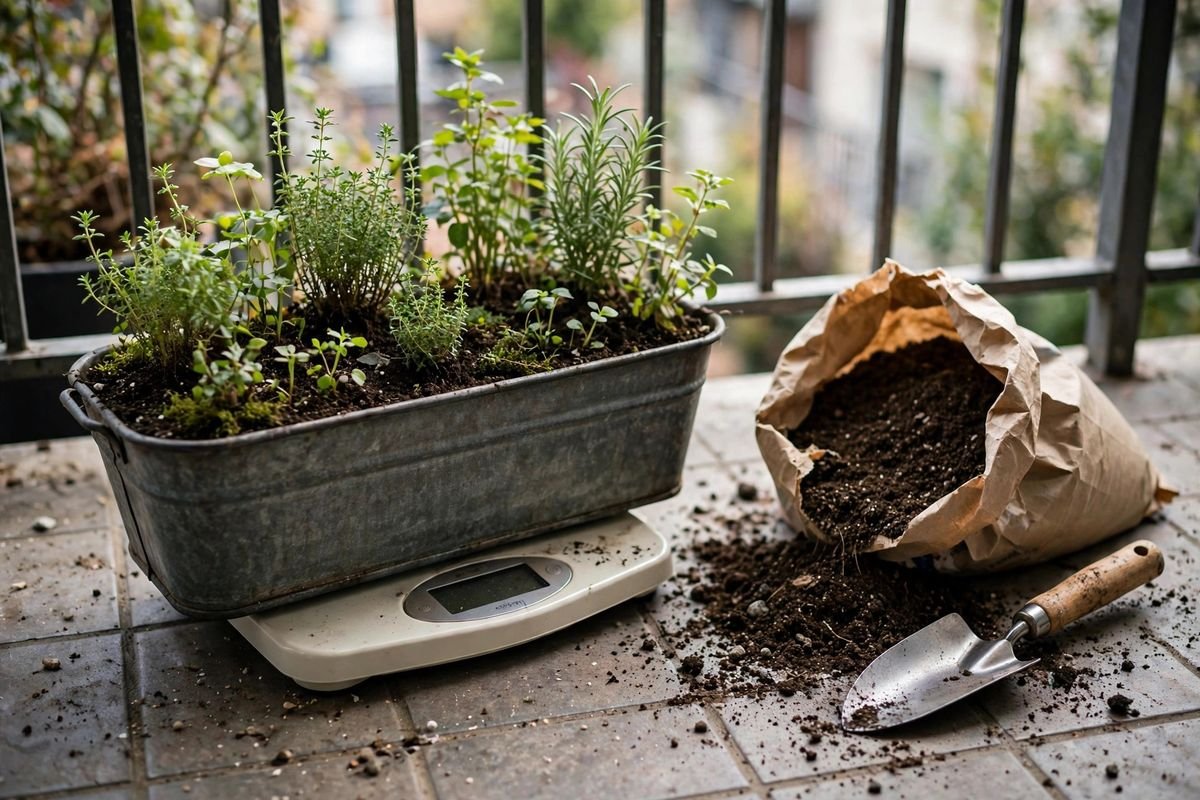 Weighing a filled railing planter box on a small scale beside a bag of potting mix