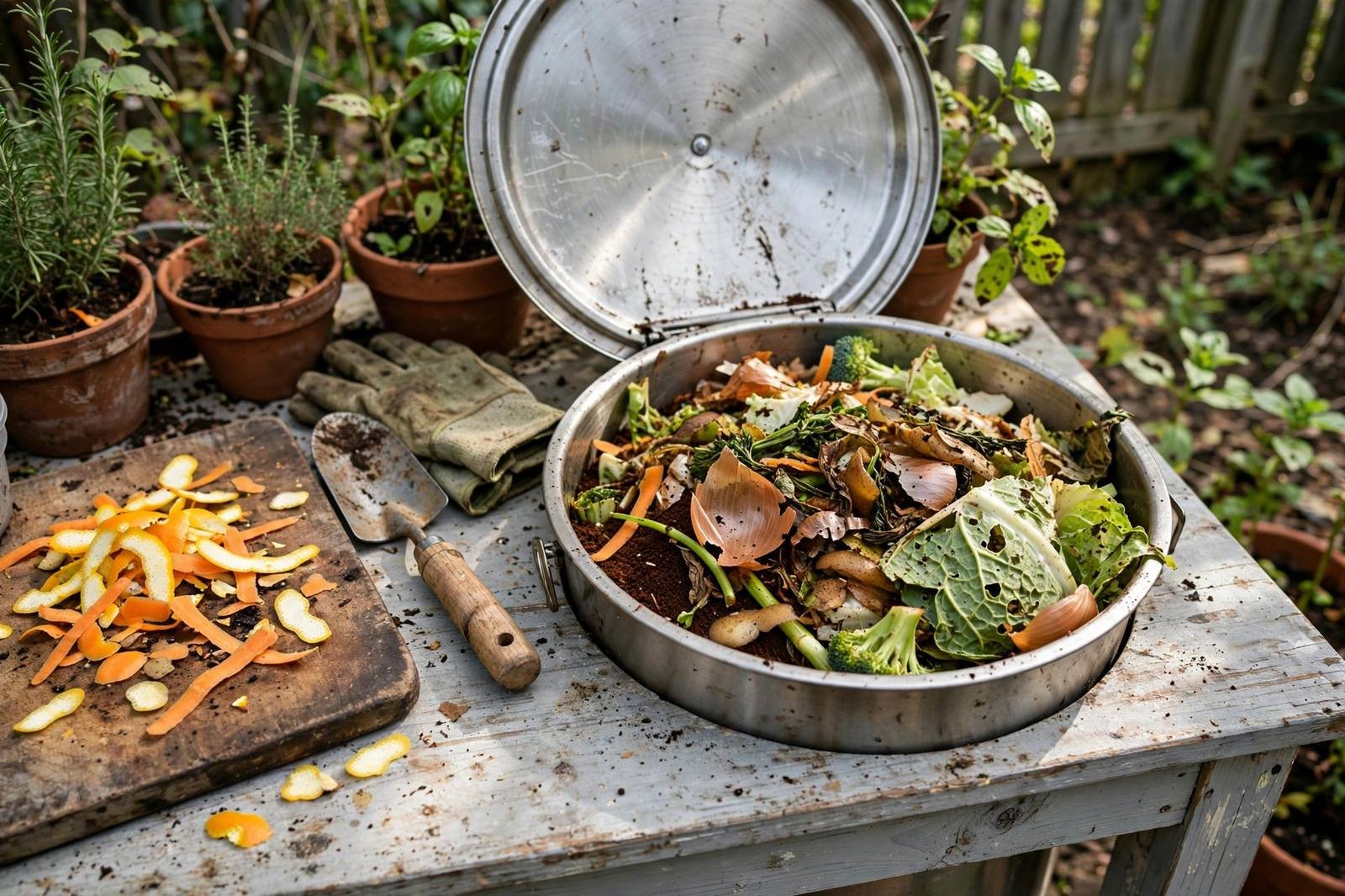Kitchen counter with a compost caddy full of vegetable scraps and fruit peels