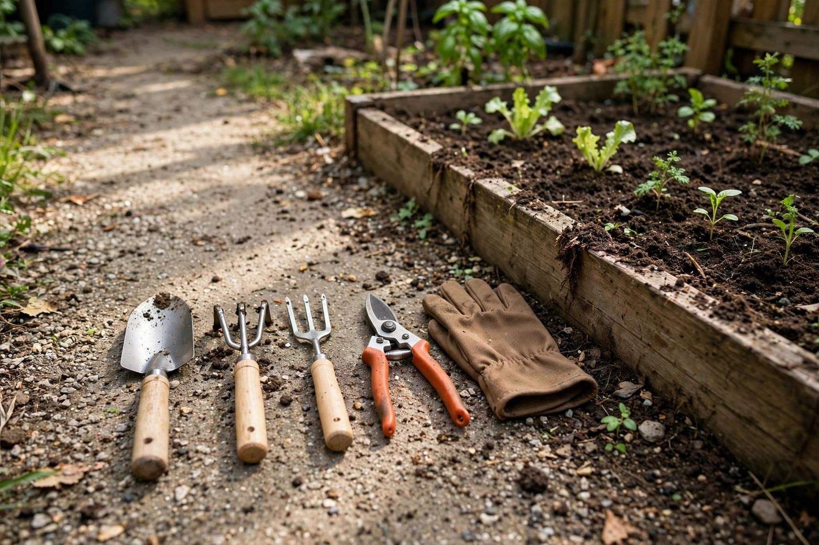 Five beginner garden tools arranged neatly on a path beside a small raised bed