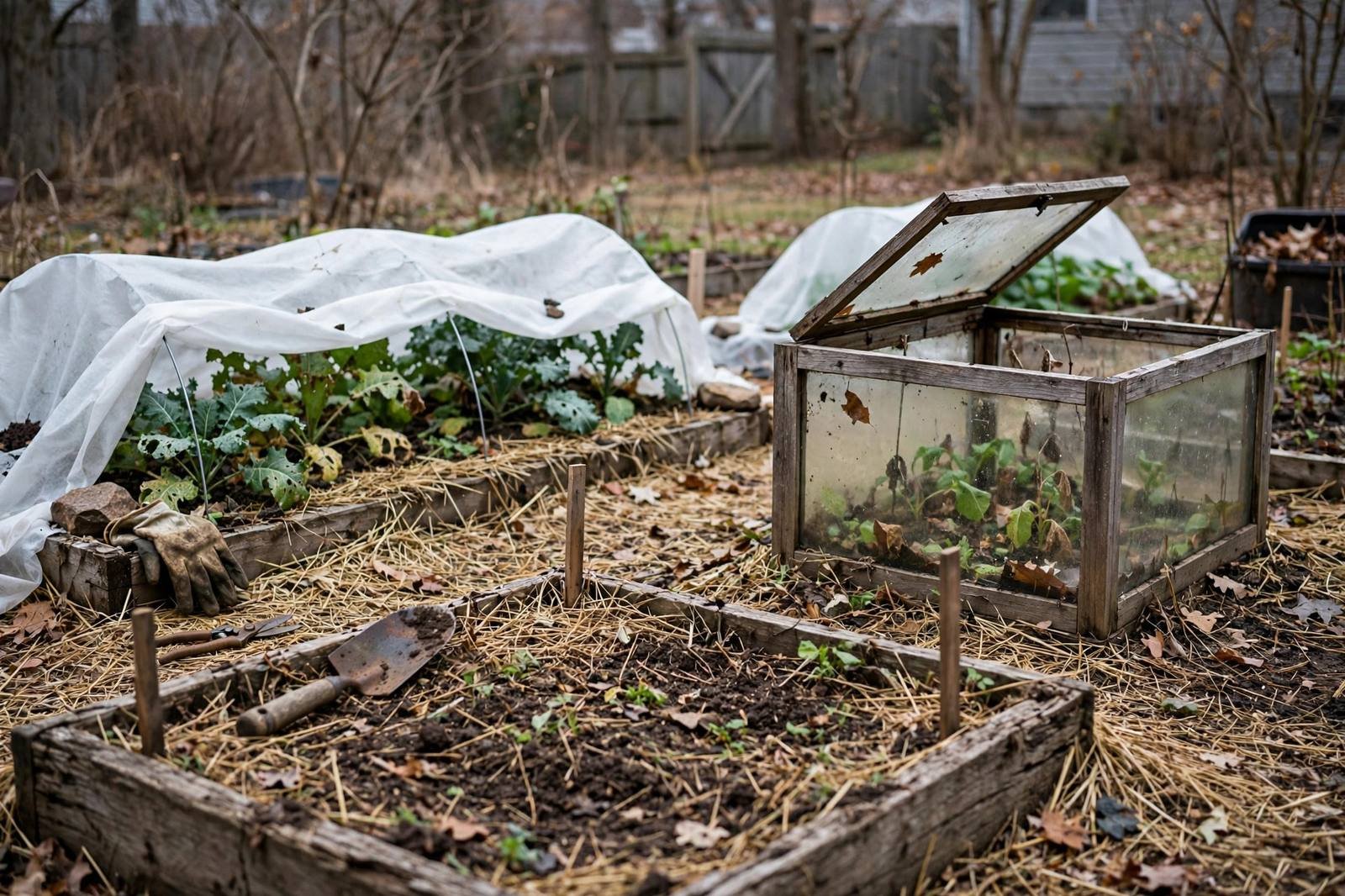 Late fall vegetable garden with straw-mulched beds, a glass cold frame, and row cover over greens