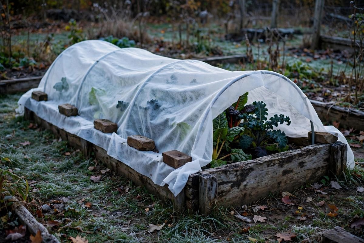 White frost cloth draped over low hoops on a raised bed at dusk, edges pinned to soil with a few fallen leaves on the fabric
