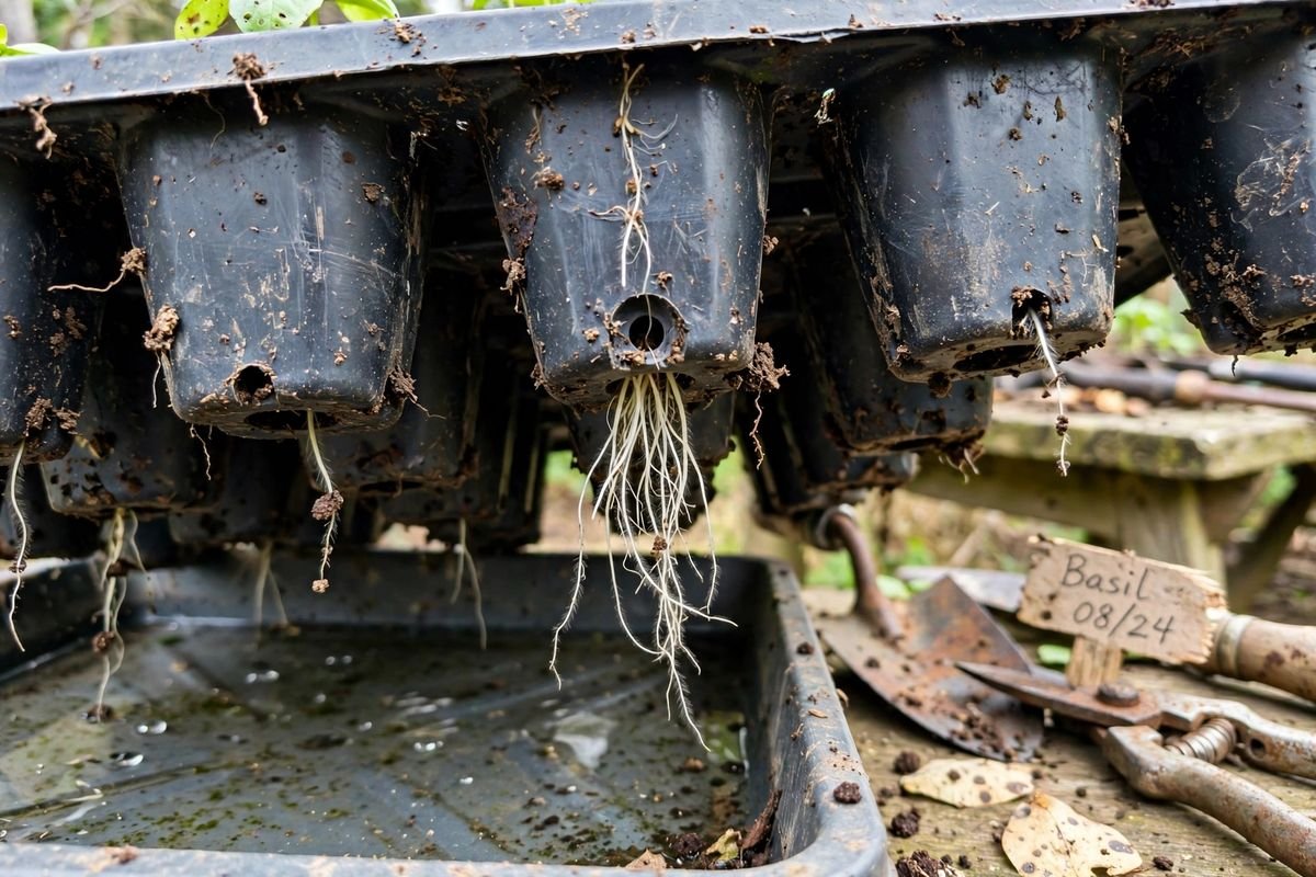 White roots reaching the drainage hole at the bottom of a seed cell above a watering tray