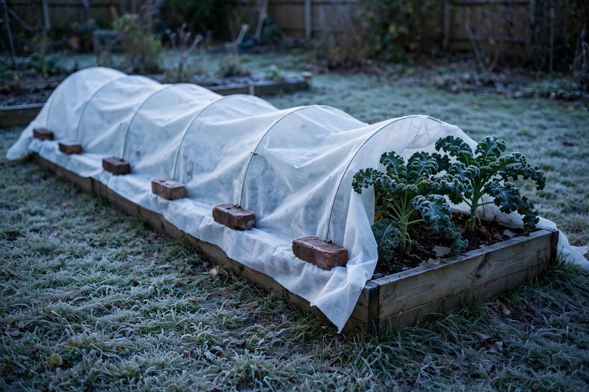 White row cover draped over low hoops on a raised bed at dusk with bricks holding the edges and a watering can nearby